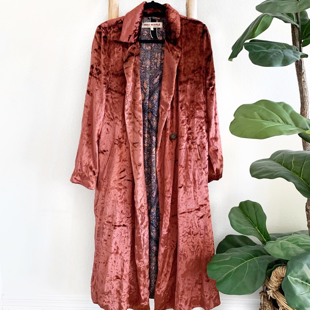 Free People Bryant Velvet Trench Coat Paisley Lined Jacket in Red orangy